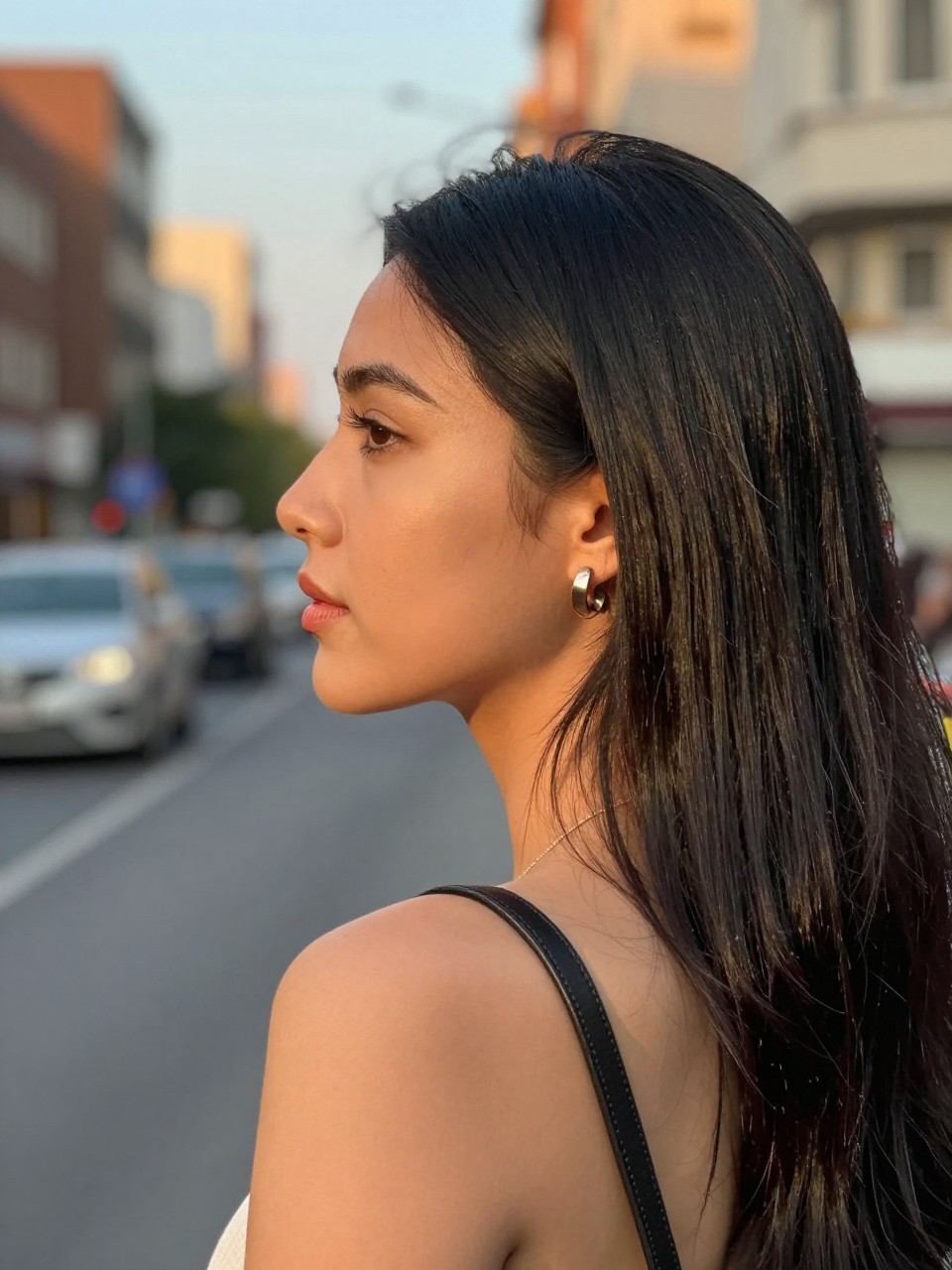 Photo of a woman wearing long straight black hair, side profile view, in a softly blurred city street background, golden hour glow, containing a small lived-in detail such as statement earrings peeking through and a crossbody strap on the shoulder, latest iPhone photo quality.