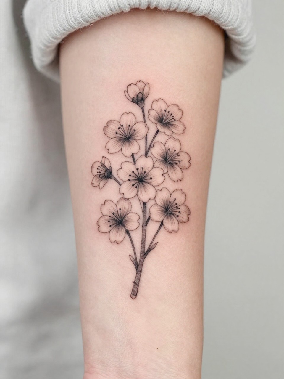 Image Prompt: "Extreme close-up of a small sakura bouquet tattoo on the forearm, black ink fine line floral design with multiple delicate cherry blossoms, soft shading, elegant stem arrangement, realistic skin texture, neutral manicure, soft knit fabric slightly visible, design-focused tattoo inspiration photo, clean minimal background (no watermarks on images)"