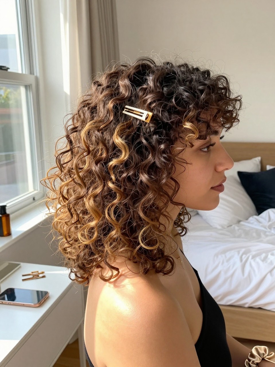 Photo of a woman wearing curly hair with a dark blonde money piece and defined face-framing curls, side profile view, sun-drenched bedroom setting, natural window light, with small hair clips on the vanity and a silk scrunchie on her wrist, latest iPhone photo quality.