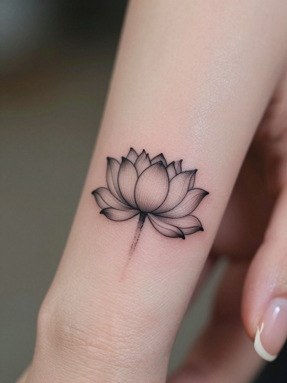 Image Prompt: "Extreme close-up of a micro lotus flower tattoo on the side of the finger, black ink fine line minimalist style, tiny petal outline, realistic skin texture, delicate rings, neutral manicure, very tight crop, tattoo sharply visible, soft blurred background, feminine modern tattoo inspiration photo (no watermarks on images)"