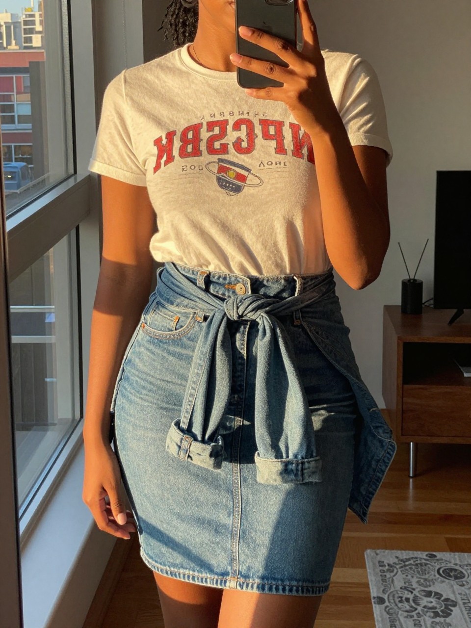 iPhone mirror selfie of a black woman wearing a vintage band tee tucked into a denim pencil skirt with a denim jacket tied around her waist, holding her phone up, cropped at NECK so face doesn't show, in a city apartment, evening golden hour, iPhone photo quality.