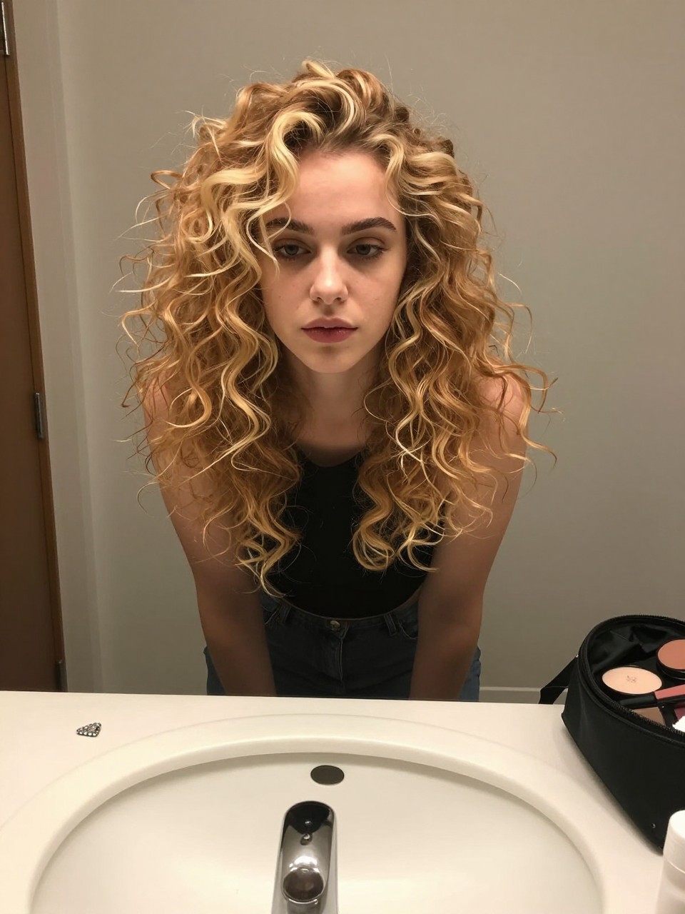 Photo of a woman wearing soft curled strawberry blonde hair with cream soda blonde highlights throughout, candid mirror selfie, at a bathroom vanity mirror, soft indoor lighting, containing a small lived-in detail such as a rhinestone clip near the sink and a makeup bag left open nearby, latest iPhone photo quality.