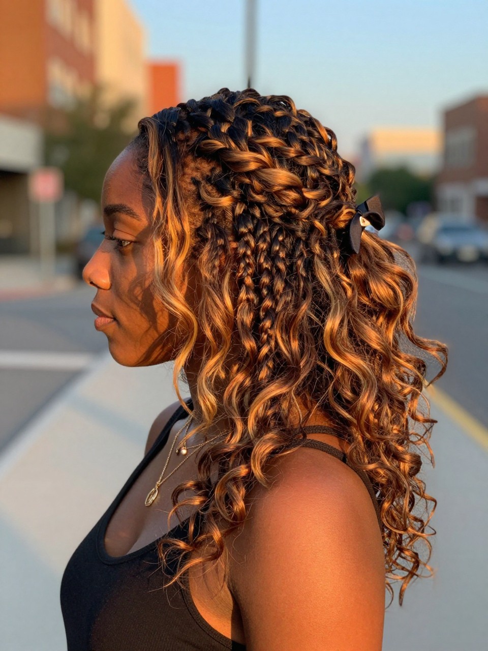 Photo of a black woman wearing a half-up twisted hairstyle on brunette hair with warm blonde highlights through the loose lengths, side profile view, in a softly blurred city street background, golden hour glow, containing a small lived-in detail such as a bow clip at the back and layered necklaces, latest iPhone photo quality.