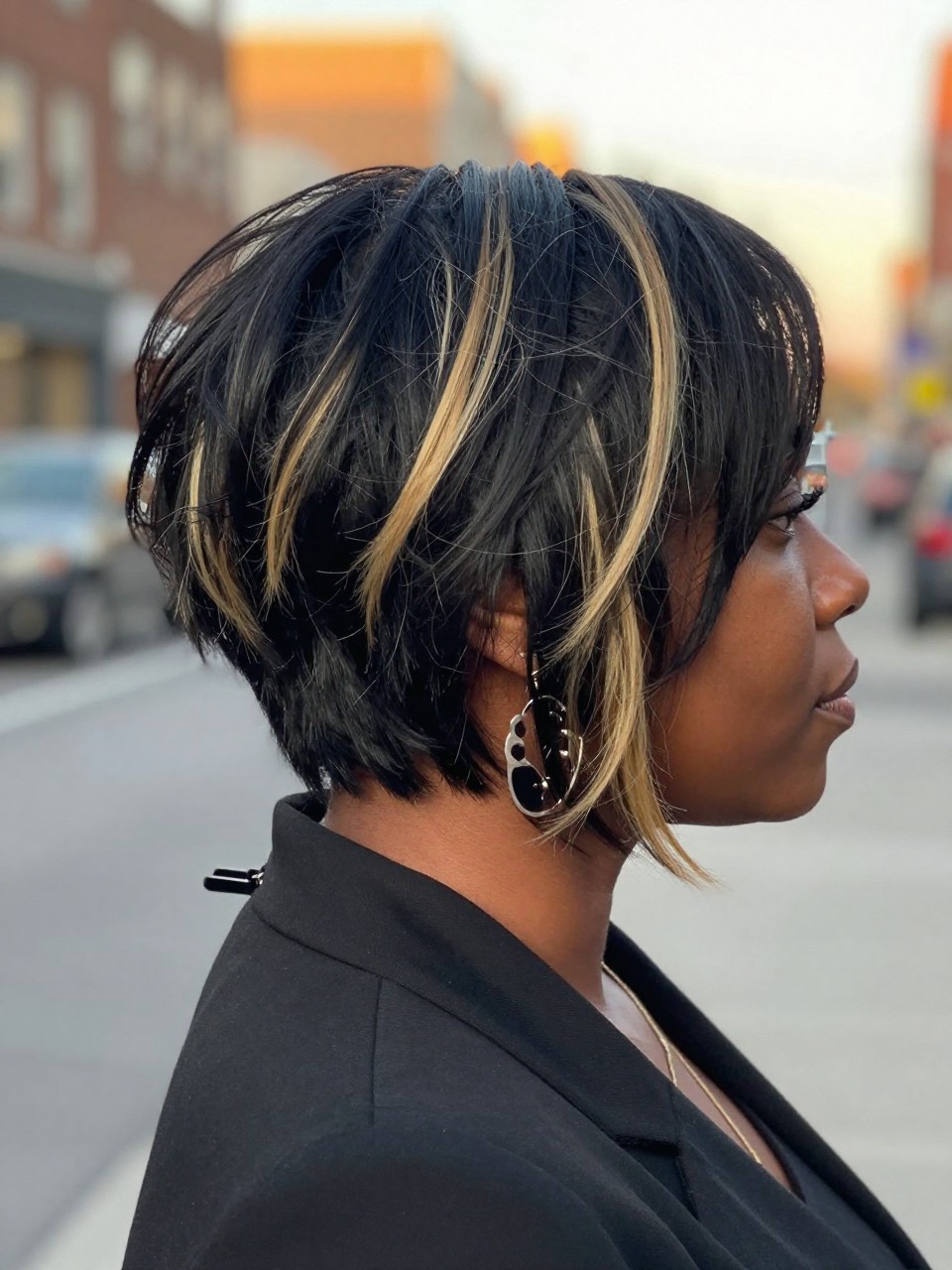 Photo of a black woman wearing a tousled black bob with buttery blonde highlights and soft choppy texture, back-of-head view to highlight details, in a softly blurred city street background, golden hour glow, containing a small lived-in detail such as a hair clip clipped to the collar and statement earrings peeking through, latest iPhone photo quality.