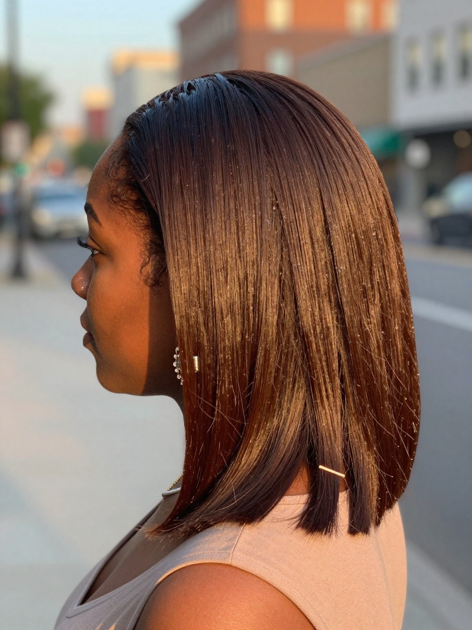 Photo of a black woman wearing iced chocolate brown hair styled sleek and smooth, back-of-head view to show the cool brunette tone, softly blurred city street background, golden hour glow, with a hair clip clipped to her collar and statement earrings peeking through, latest iPhone photo quality.
