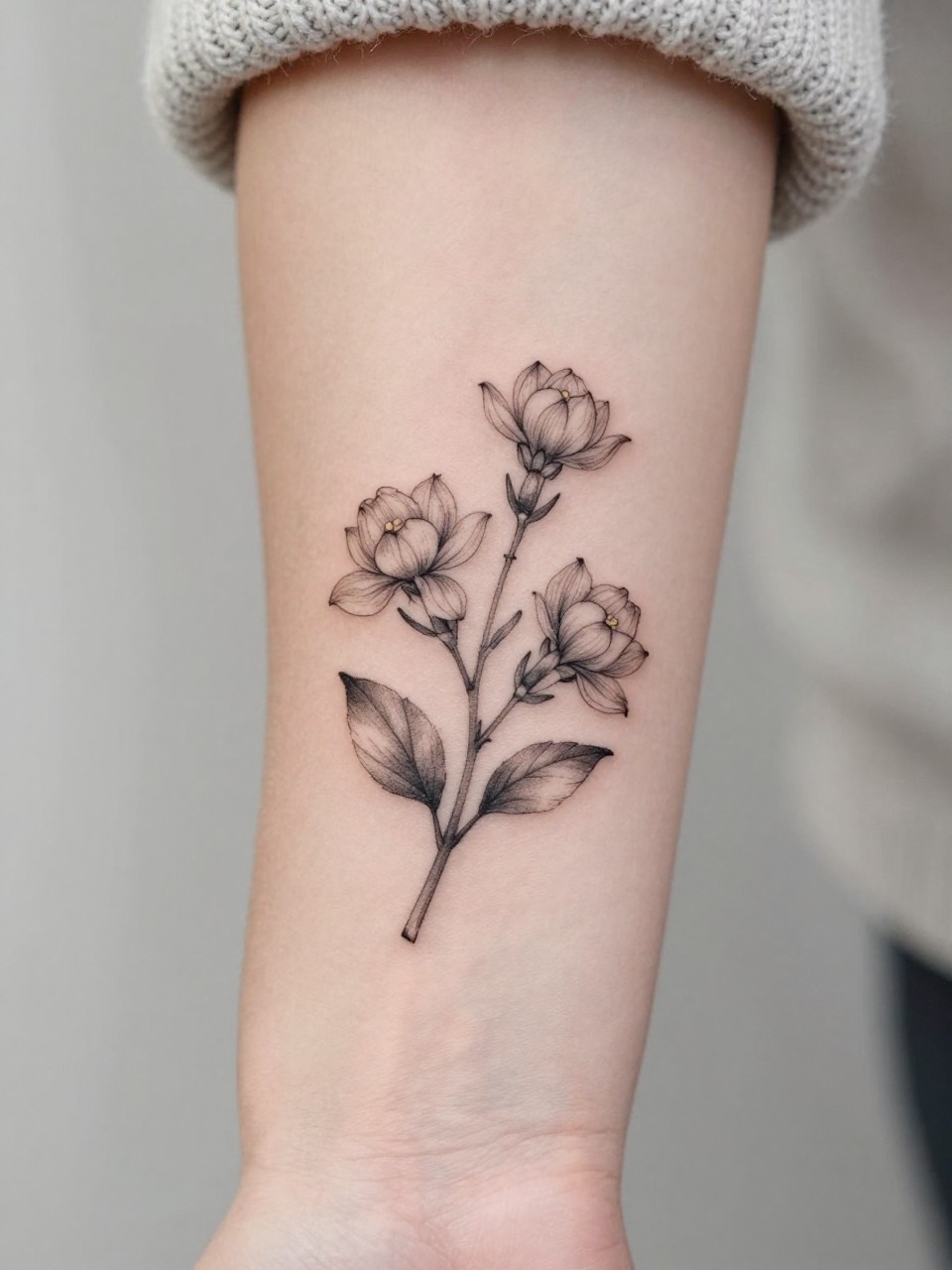 Image Prompt: "Extreme close-up of a small jasmine bouquet tattoo on the forearm, black ink fine line floral design with multiple delicate blooms, soft shading, elegant stem arrangement, realistic skin texture, neutral manicure, soft knit fabric slightly visible, design-focused tattoo inspiration photo, clean minimal background (no watermarks on images)"