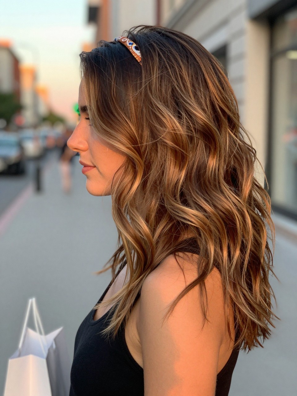 Photo of a woman wearing beachy brown waves with sandy highlights and soft lowlights, side profile view, in a softly blurred city street background, golden hour glow, containing a small lived-in detail such as a headband pushed back and a few shopping bags nearby, latest iPhone photo quality.