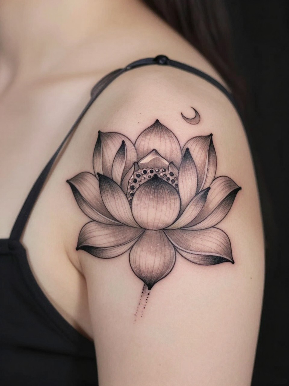 Image Prompt: "Extreme close-up of a Japanese lotus flower tattoo with a tiny crescent moon accent on the shoulder blade, black and grey fine line style, soft petal shading, delicate celestial detail, realistic skin texture, satin strap softly visible, feminine modern tattoo inspiration photo, minimal background, tattoo takes most of the visual attention (no watermarks on images)"
