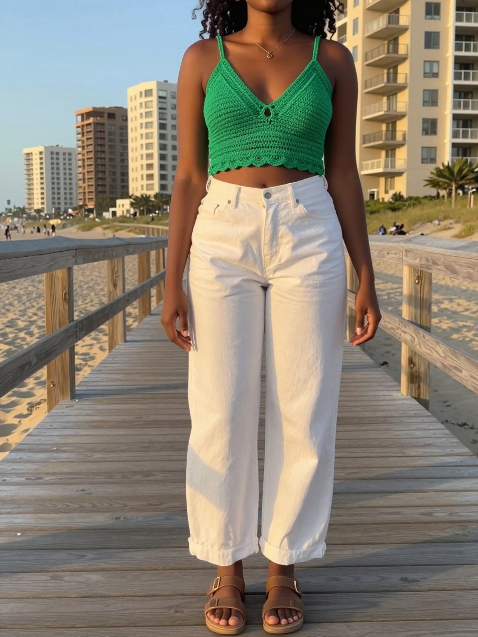 photo of a black woman in a green crochet top and white pants with sandals, standing on a beach boardwalk, cropped at NECK so face doesn't show, in a city apartment, evening golden hour, iPhone photo quality.
