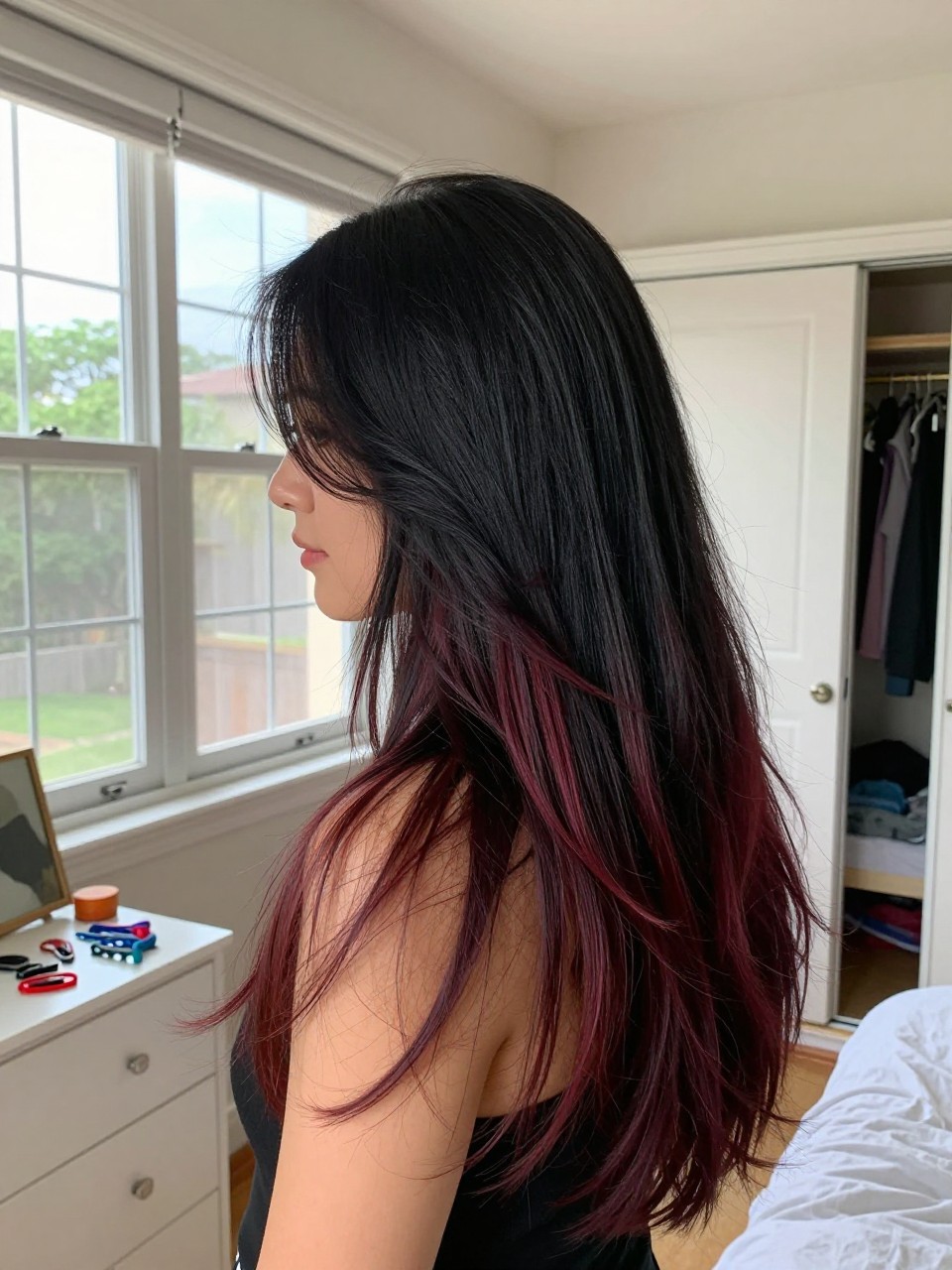 Photo of a woman wearing long black layered hair with mahogany red highlights and soft body, side profile view, in a sun-drenched bedroom, natural window light, containing a small lived-in detail such as sectioning clips on the dresser and a slightly open closet behind, latest iPhone photo quality.