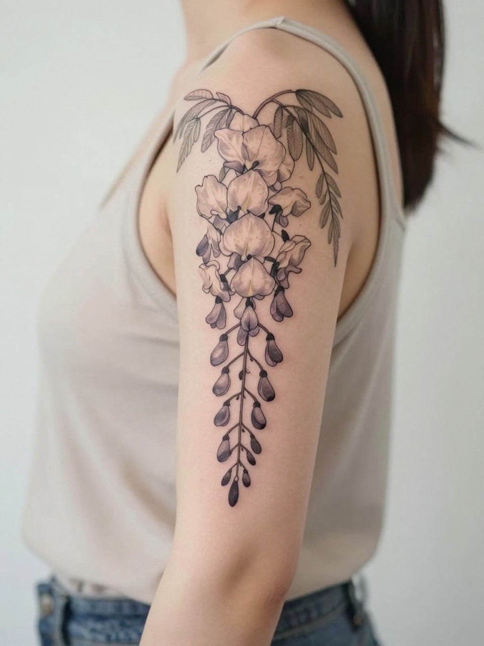 Image Prompt: "Design-focused close-up of a Japanese wisteria flower tattoo trailing down the upper arm, clustered hanging blossoms in black and grey ink, fine line detail, soft shading, elegant vertical flow, realistic skin texture, sleeveless neutral top barely visible, feminine lifestyle-inspired tattoo image, clean soft background, tattoo dominates the frame (no watermarks on images)"