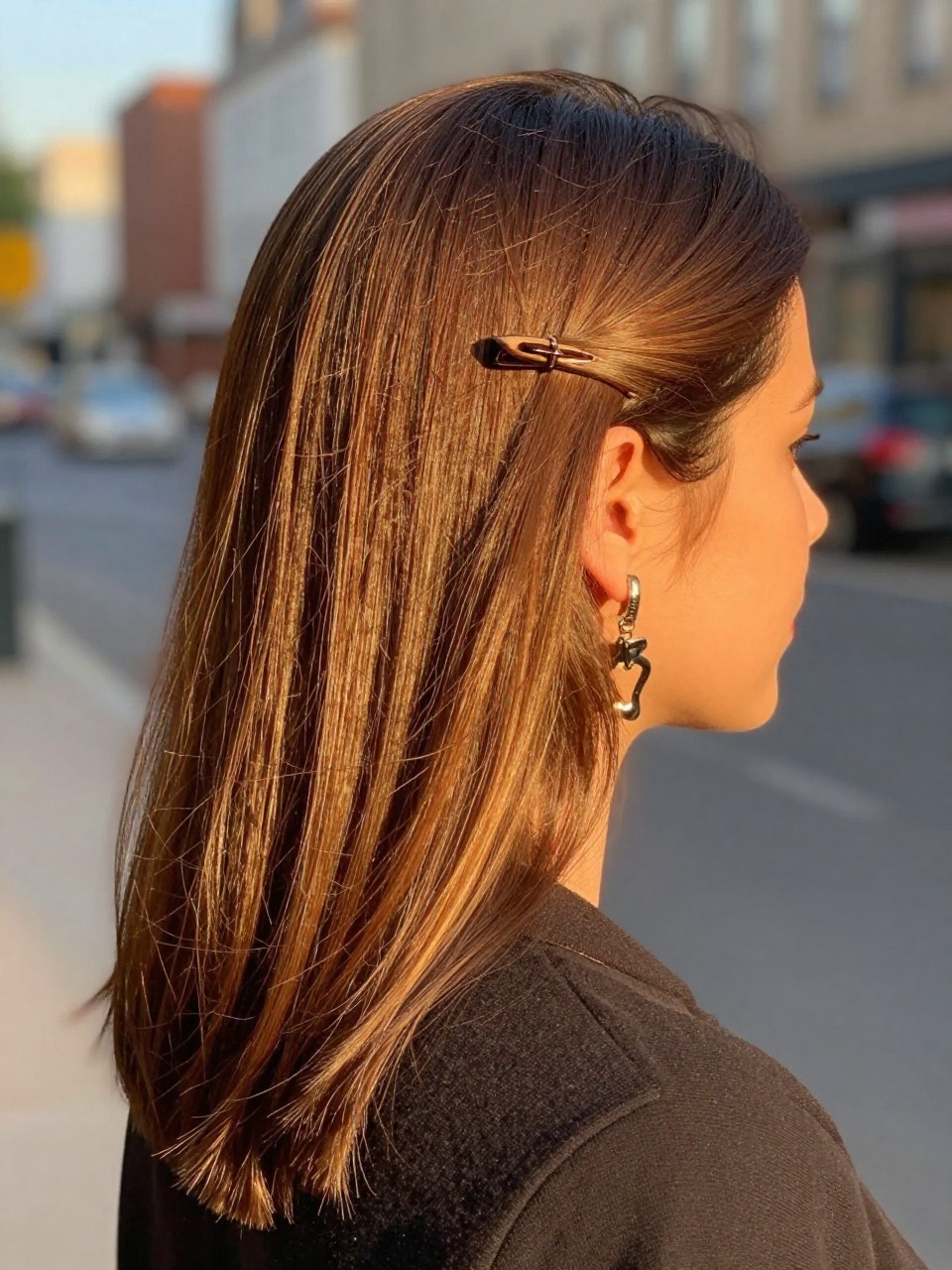 Photo of a woman wearing golden espresso brunette hair styled sleek and smooth, back-of-head view to highlight the deep brown color and golden shine, softly blurred city street background, golden hour glow, with a hair clip clipped to her collar and statement earrings peeking through, latest iPhone photo quality.