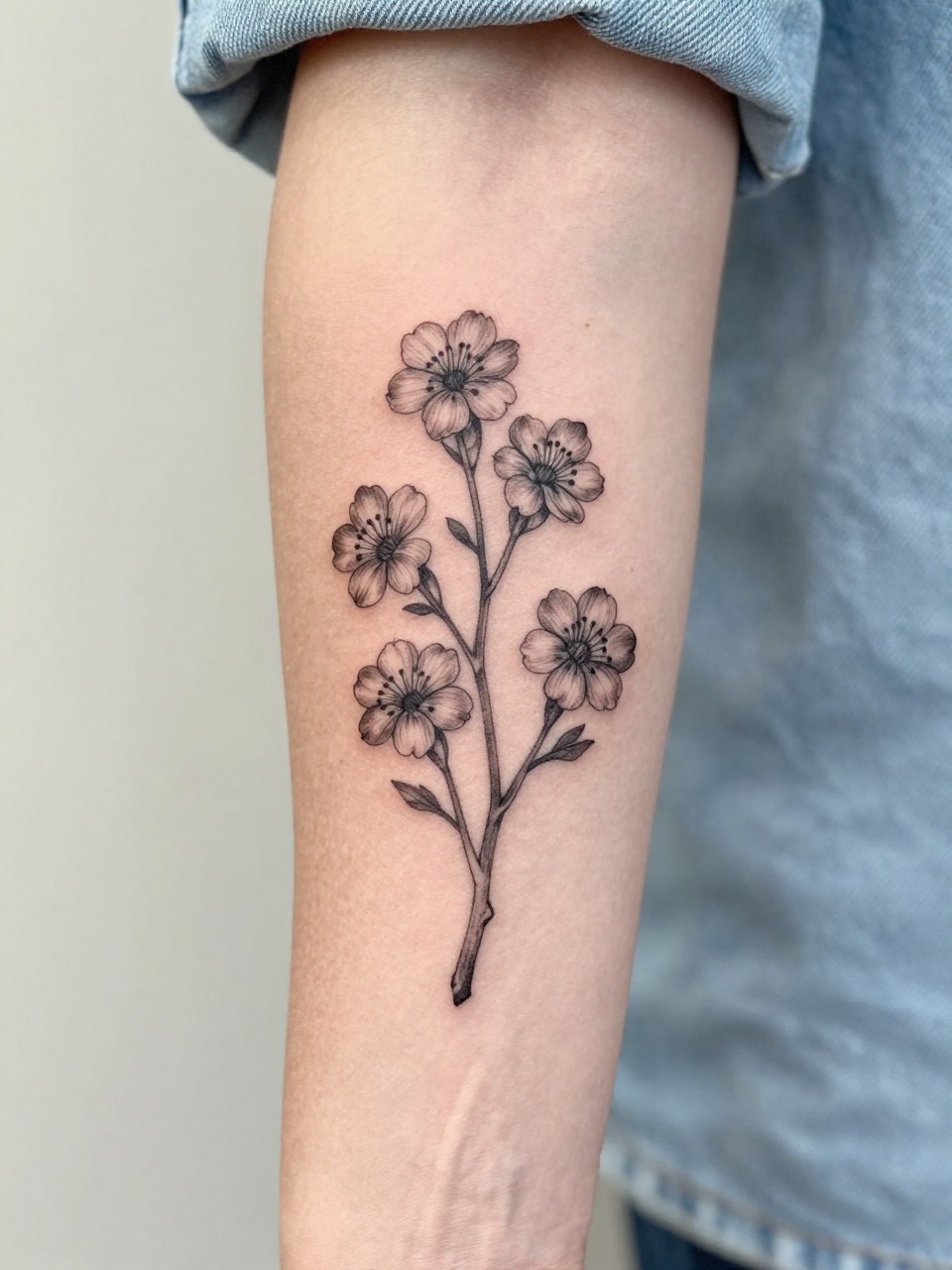 Image Prompt: "Close-up of a single hawthorne stem tattoo on the forearm, black ink fine line floral design with delicate blossoms, slender stem, soft grey shading, realistic skin texture, light denim sleeve softly blurred near the edge, design-first composition, feminine modern tattoo inspiration photo, minimal background (no watermarks on images)"