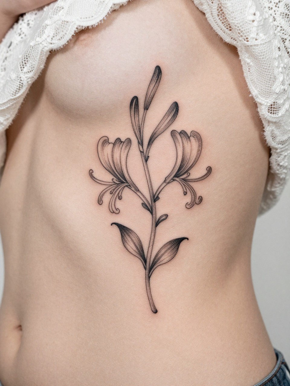 Image Prompt: "Design-focused close-up of a single honeysuckle vine tattoo on the ribcage, black ink fine line floral design with delicate trumpet blooms, curling vine detail, light grey shading, realistic skin texture, lace fabric edge softly visible, feminine modern tattoo photo, minimal background, close-up tattoo visibility, tattoo dominates the frame (no watermarks on images)"