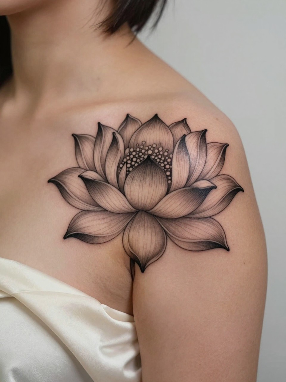 Image Prompt: "Extreme close-up of a lotus flower tattoo on the top of a black womans shoulder, black ink fine line floral design with symmetrical petals, soft shading, delicate ornamental detail, realistic skin texture, satin robe slipping softly off the shoulder, design-focused close-up, clean soft background, feminine tattoo inspiration image (no watermarks on images)"