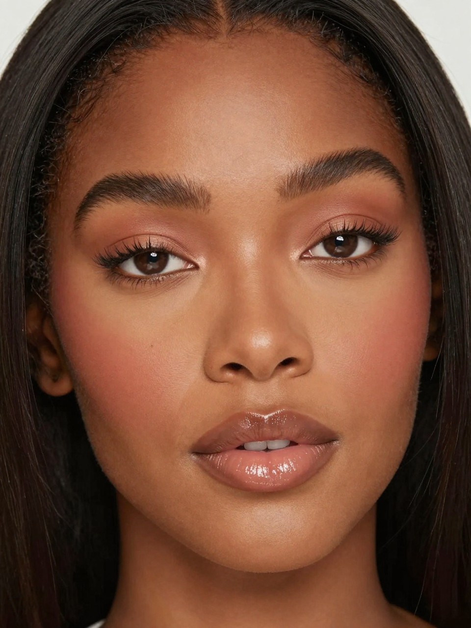 IMAGE_PROMPT: Super realistic close-up beauty portrait of a Black woman wearing clean girl makeup with soft brown matte eyelids, warm terracotta cream blush, clear glossy lips over subtle nude liner, natural defined lashes, smooth skin-like complexion, and softly groomed brows, shot from a three-quarter face angle, with diffused natural light that clearly reveals the eye definition, glossy lips, and realistic skin texture, realistic skin texture, sleek shoulder-length hair, minimal soft background, feminine modern beauty photography, latest iPhone photo quality (no watermarks on images).