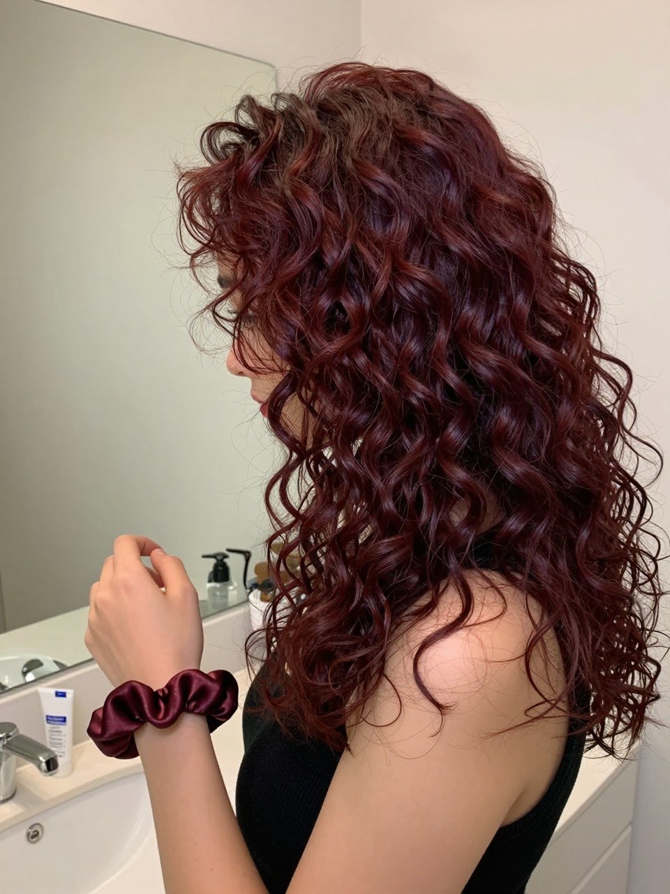 Photo of a woman wearing burgundy curly hair with deep shine and defined curls, side profile view, bathroom vanity mirror setting, soft indoor lighting, with a satin scrunchie on her wrist and a curl cream jar on the counter, latest iPhone photo quality.