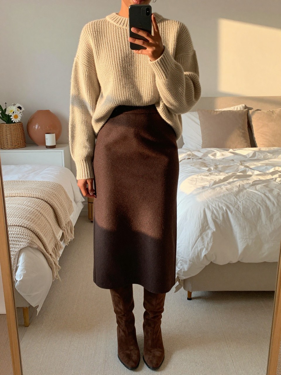iPhone mirror selfie of a black woman wearing an oversized oatmeal chunky sweater half-tucked into a chocolate brown wool midi skirt with brown suede knee-high boots, one hand holding her phone at chest level, cropped at NECK so face doesn't show, in a feminine-themed bedroom, evening golden hour, iPhone photo quality.