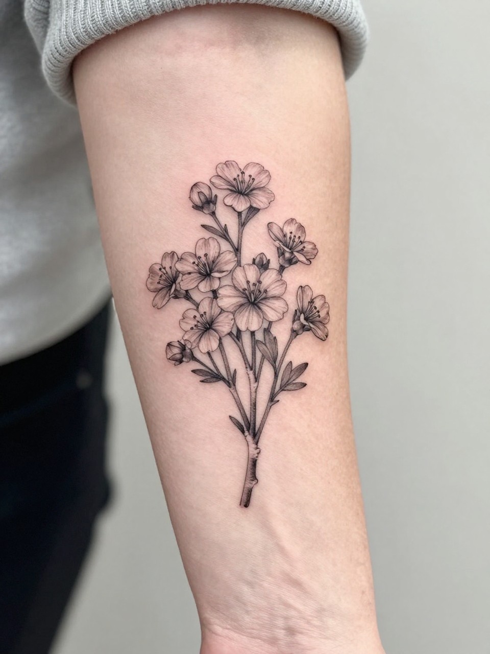 Image Prompt: "Extreme close-up of a small hawthorne bouquet tattoo on the forearm, black ink fine line floral design with multiple delicate stems and blossoms, soft shading, elegant arrangement, realistic skin texture, neutral manicure, soft knit fabric slightly visible, design-focused tattoo inspiration photo, clean minimal background (no watermarks on images)"