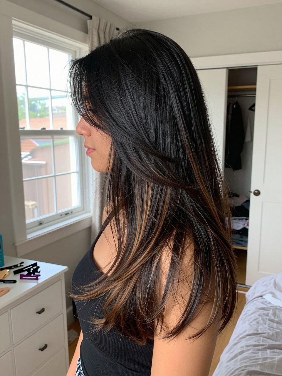 Photo of a woman wearing long layered black hair with bronze highlights and soft movement, side profile view, in a sun-drenched bedroom, natural window light, containing a small lived-in detail such as sectioning clips on the dresser and a slightly open closet behind, latest iPhone photo quality.