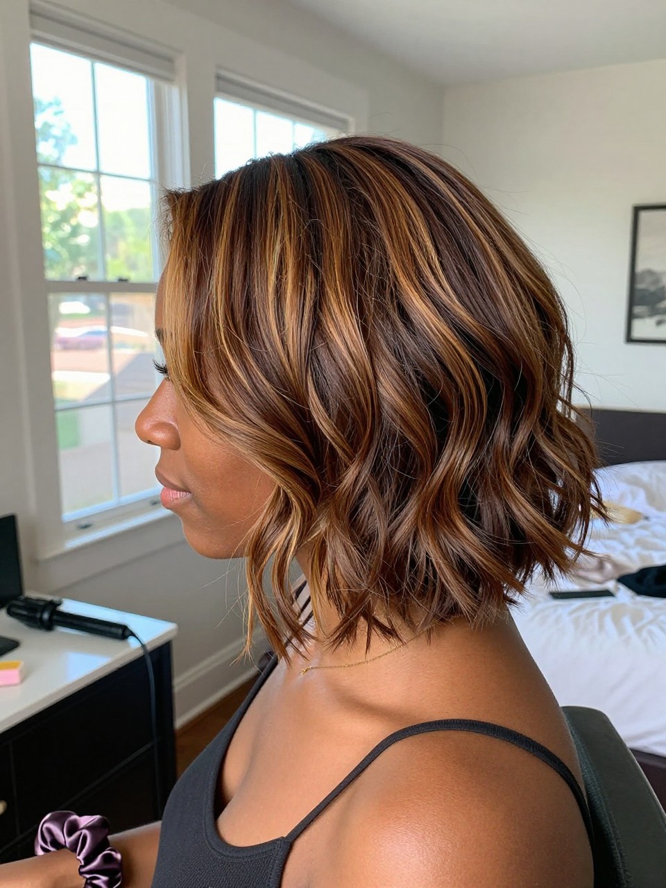 Photo of a BLACK woman wearing a short brown lob with caramel highlights and loose soft waves, side profile view, in a sun-drenched bedroom, natural window light, containing a small lived-in detail such as a curling iron on the counter and a silk scrunchie on the wrist, latest iPhone photo quality.
