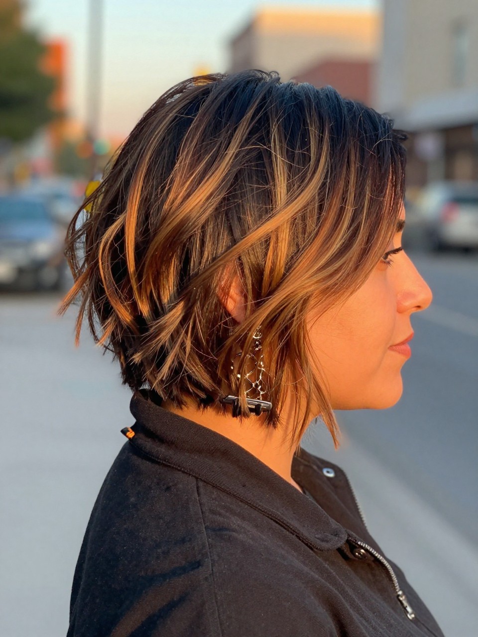 Photo of a latina woman wearing a tousled dark bob with golden honey highlights and soft choppy texture, back-of-head view to highlight details, in a softly blurred city street background, golden hour glow, containing a small lived-in detail such as a hair clip clipped to the collar and statement earrings peeking through, latest iPhone photo quality.
