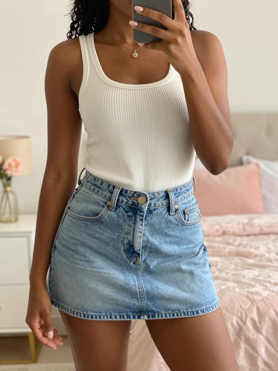mirror selfie of a Black woman wearing a light wash denim mini skirt with a ribbed knit tank top, posed casually with her phone low, cropped at NECK so face doesn't show, in a bright feminine-themed bedroom, warm moody lighting, iPhone photo quality.