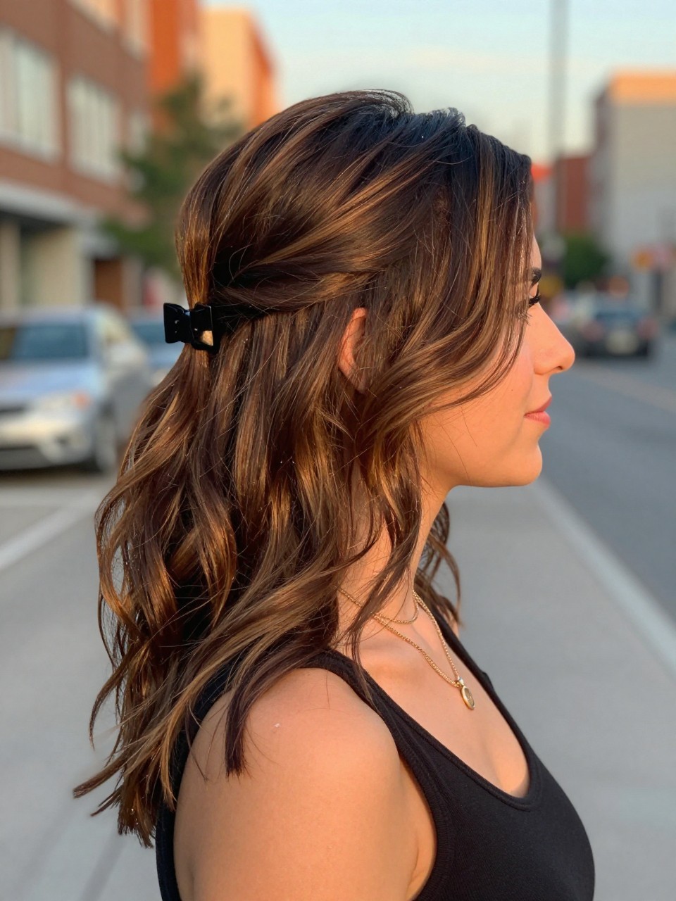 Photo of a woman wearing a half-up twisted hairstyle on brown hair with rich dark highlights through the loose lengths, side profile view, in a softly blurred city street background, golden hour glow, containing a small lived-in detail such as a bow clip at the back and layered necklaces, latest iPhone photo quality.