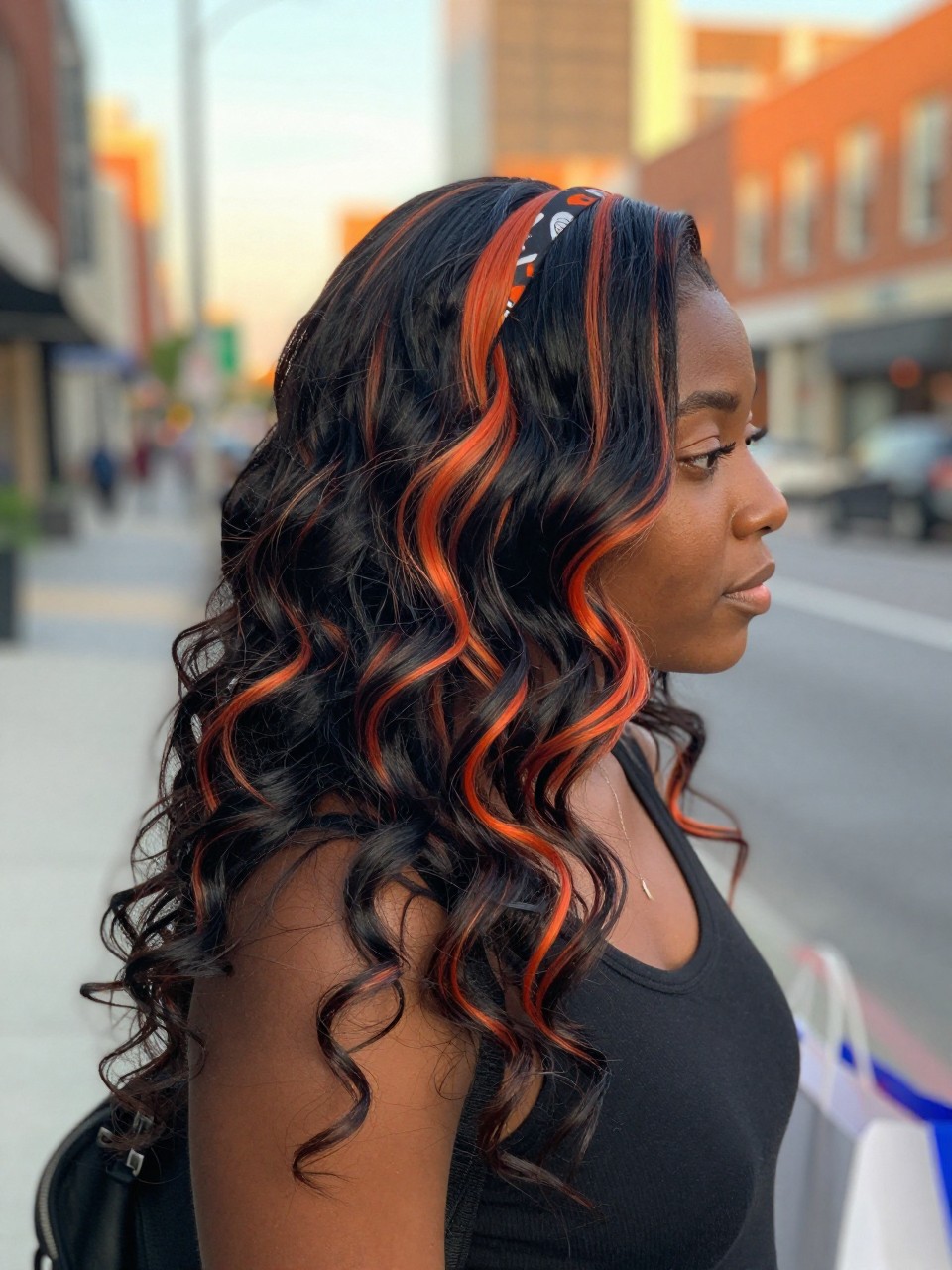 Photo of a black woman wearing beachy black waves with neon orange highlight streaks and soft texture, side profile view, in a softly blurred city street background, golden hour glow, containing a small lived-in detail such as a headband pushed back and a few shopping bags nearby, latest iPhone photo quality.