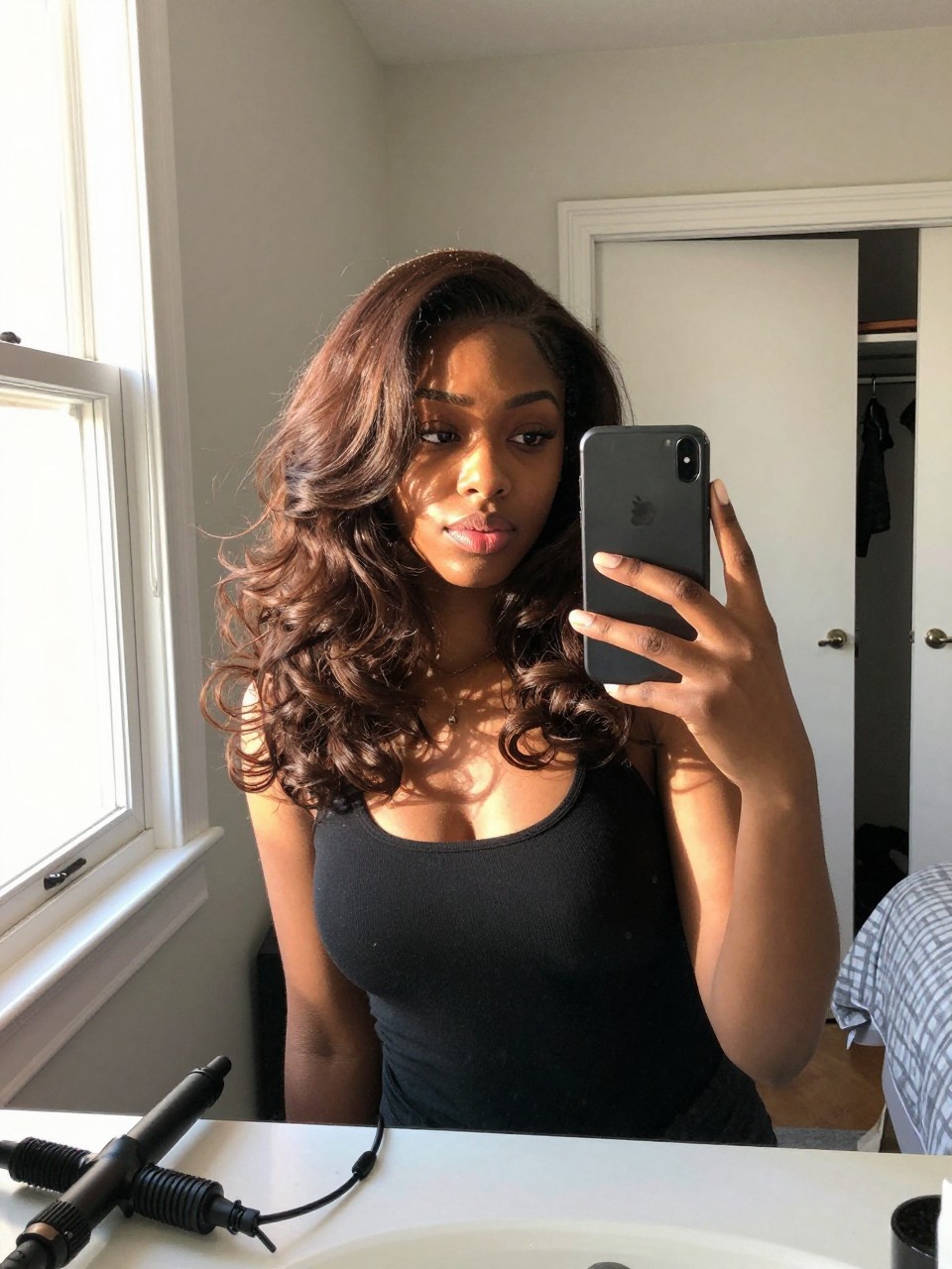 Photo of a black woman wearing cherry cola brunette hair in soft loose waves, candid mirror selfie, sun-drenched bedroom setting, natural window light, with a curling wand on the dresser and a slightly open closet behind, latest iPhone photo quality.