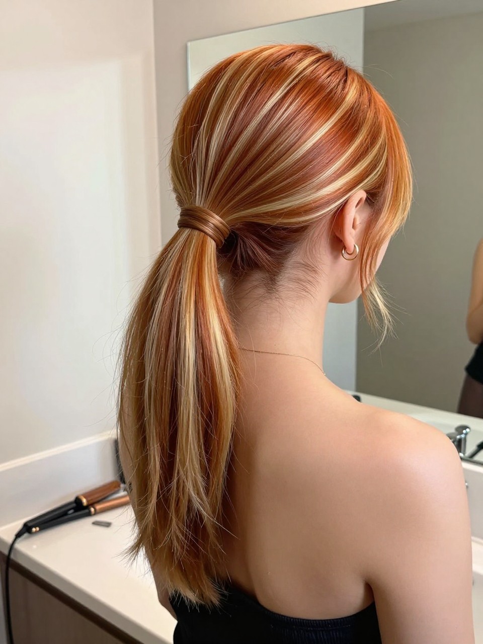 Photo of a woman wearing a sleek mid ponytail with ginger lengths and bright highlights, back-of-head view to highlight details, at a bathroom vanity mirror, soft indoor lighting, containing a small lived-in detail such as a flat iron on the counter and small hoop earrings peeking through, latest iPhone photo quality.