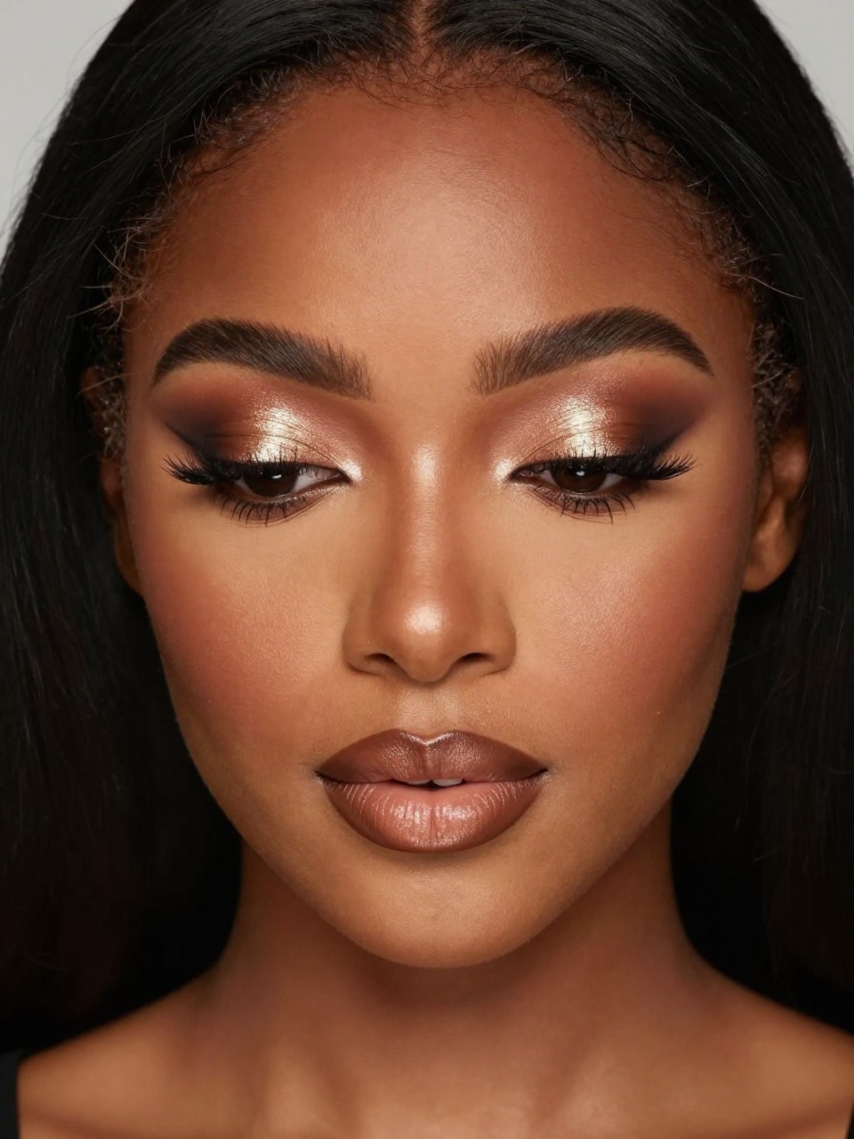 IMAGE_PROMPT: Super realistic close-up beauty portrait of a Black woman wearing cute birthday makeup with glowing bronze shimmer eyelids, deep brown outer corner shading, soft brown eyeliner, richly bronzed cheeks, brown nude satin lips, fluttery lashes, and full defined brows, shot from a front-facing portrait, with diffused beauty studio lighting that clearly reveals the shimmer, bronzed skin, and realistic lip texture, realistic skin texture, softly styled black hair, minimal neutral background, feminine modern beauty photography, latest iPhone photo quality (no watermarks on images).