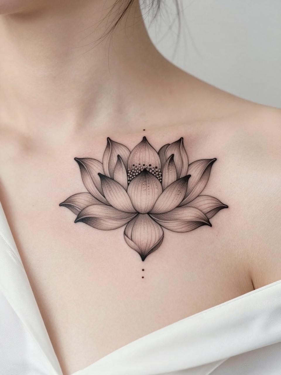 Image Prompt: "Design-focused close-up of an ornamental lotus flower tattoo along the collarbone, black ink fine line work with soft dotwork accents, delicate symmetrical petals, feminine placement, silk blouse cuff barely visible near the frame, realistic skin texture, soft lighting, clean minimal background, tattoo dominates the image, modern lifestyle tattoo photo (no watermarks on images)"