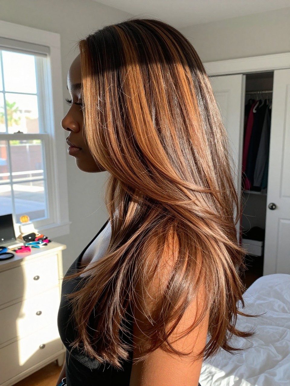 Photo of a Black woman wearing long layered brown hair with cinnamon highlights and soft movement, side profile view, in a sun-drenched bedroom, natural window light, containing a small lived-in detail such as sectioning clips on the dresser and a slightly open closet behind, latest iPhone photo quality.
