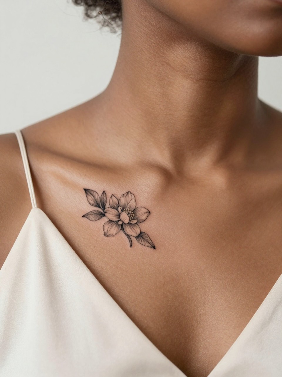 Image Prompt: "Design-focused close-up of a small jasmine flower tattoo on the collarbone of black feminine woman, black ink fine line design with delicate petals, soft shading, realistic skin texture, silk blouse neckline barely visible, feminine clean composition, close-up tattoo visibility, soft minimal background, tattoo is the clear hero (no watermarks on images)"