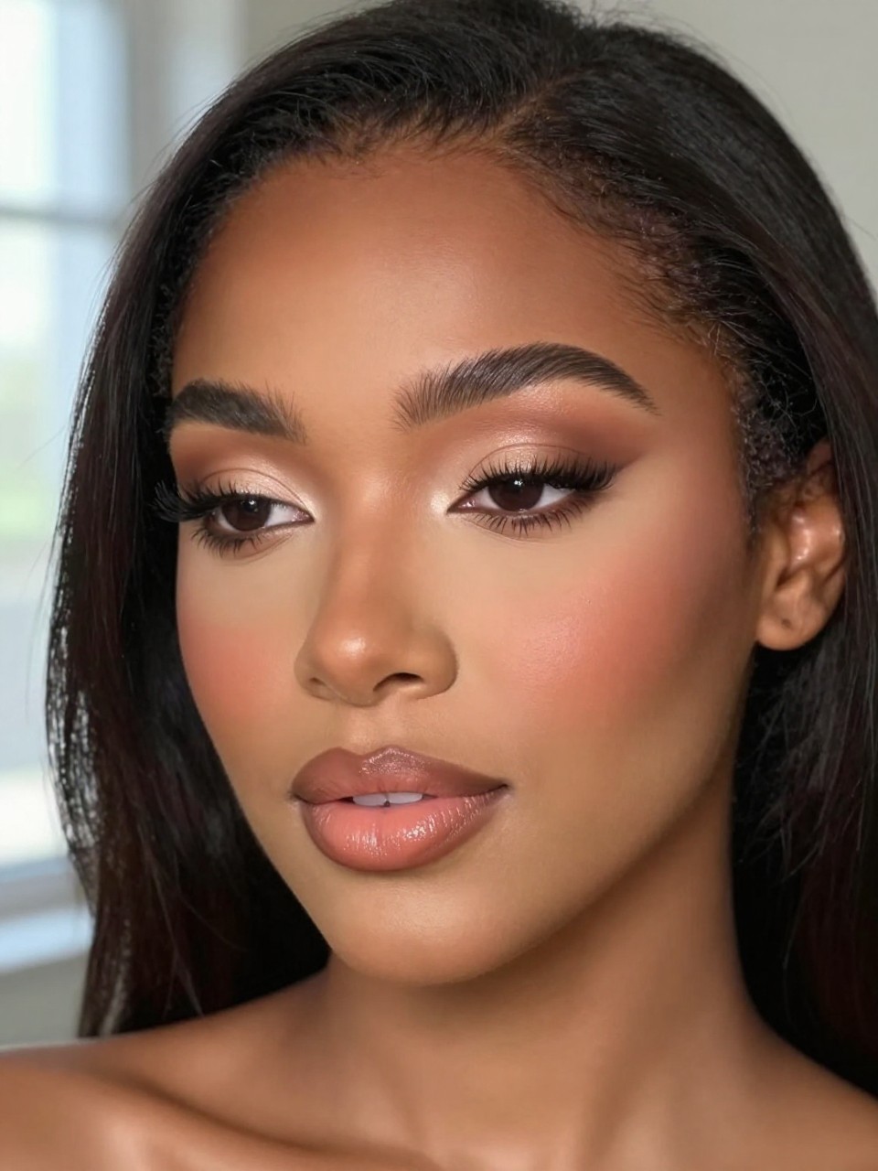 IMAGE_PROMPT: Super realistic close-up beauty portrait of a Black woman wearing soft glam makeup with cocoa brown crease eyeshadow, softly brightened beige lids, warm peach blush, peachy nude glossy lips, smooth satin skin, fluffy brows, and clean lifted lashes, shot from a three-quarter face angle, with soft natural window light that clearly reveals the makeup texture and warm tones, realistic skin texture, sleek shoulder-length hair, minimal blurred background, feminine modern beauty photography, latest iPhone photo quality (no watermarks on images).