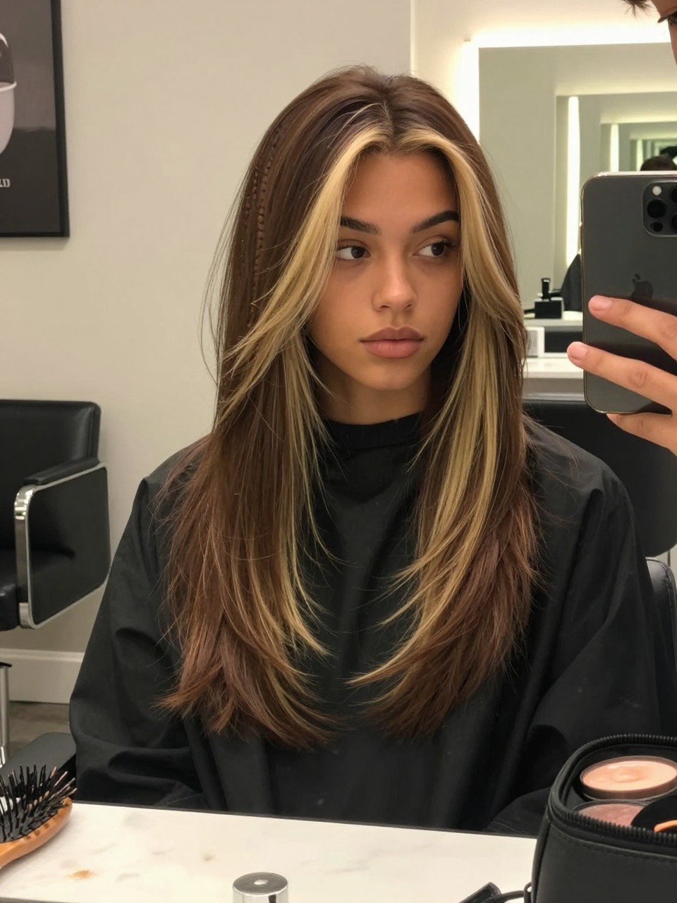 Photo of a biracial woman wearing a sleek espresso brown lob with bold blonde chunky face-framing highlights, candid mirror selfie, at a salon mirror, soft indoor lighting, containing a small lived-in detail such as a hairbrush on the vanity and a makeup bag nearby, latest iPhone photo quality.