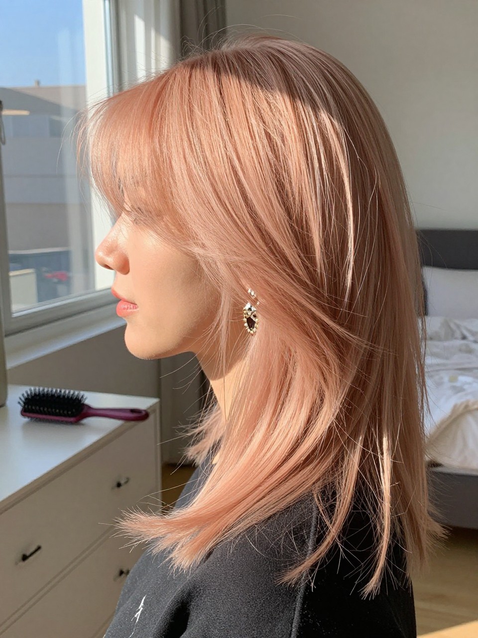 Photo of a woman wearing soft strawberry blonde hair with smooth face-framing movement, side profile view, sun-drenched bedroom setting, natural window light, with a blowout brush on the dresser and statement earrings peeking through, latest iPhone photo quality.