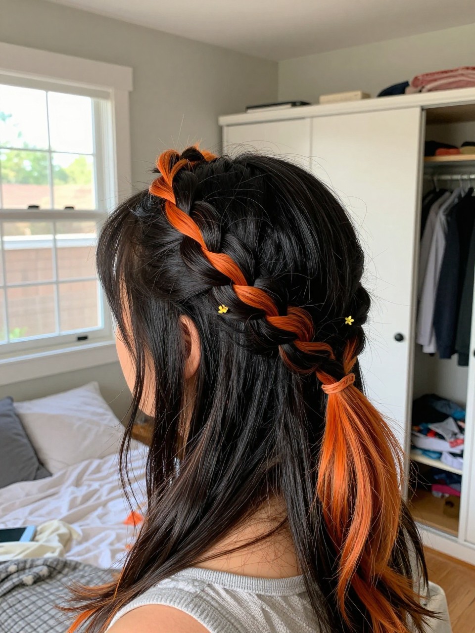 Photo of a woman wearing a braided crown on black hair with orange highlights woven throughout, back-of-head view to highlight details, in a sun-drenched bedroom, natural window light, containing a small lived-in detail such as a tiny flower pin and a slightly open closet behind, latest iPhone photo quality.