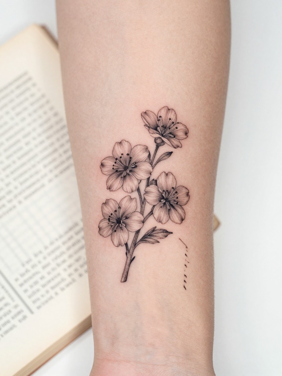 Image Prompt: "Close-up of a hawthorne flower tattoo with tiny handwritten name script on the inner forearm, black ink fine line floral design, delicate blossoms, soft shading, elegant cursive detail, realistic skin texture, book page underneath the arm, feminine soft lifestyle context, clean background, tattoo-centered inspiration photo (no watermarks on images)"