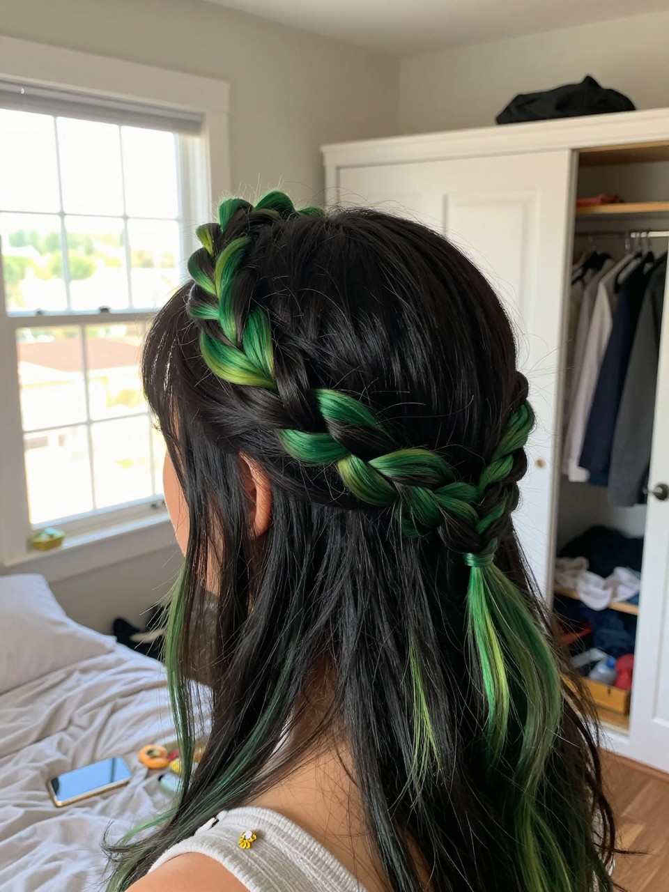 Photo of a woman wearing a braided crown on black hair with green highlights woven throughout, back-of-head view to highlight details, in a sun-drenched bedroom, natural window light, containing a small lived-in detail such as a tiny flower pin and a slightly open closet behind, latest iPhone photo quality.