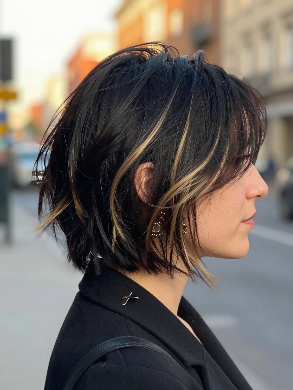 Photo of a white woman wearing a tousled black bob with buttery blonde highlights and soft choppy texture, back-of-head view to highlight details, in a softly blurred city street background, golden hour glow, containing a small lived-in detail such as a hair clip clipped to the collar and statement earrings peeking through, latest iPhone photo quality.