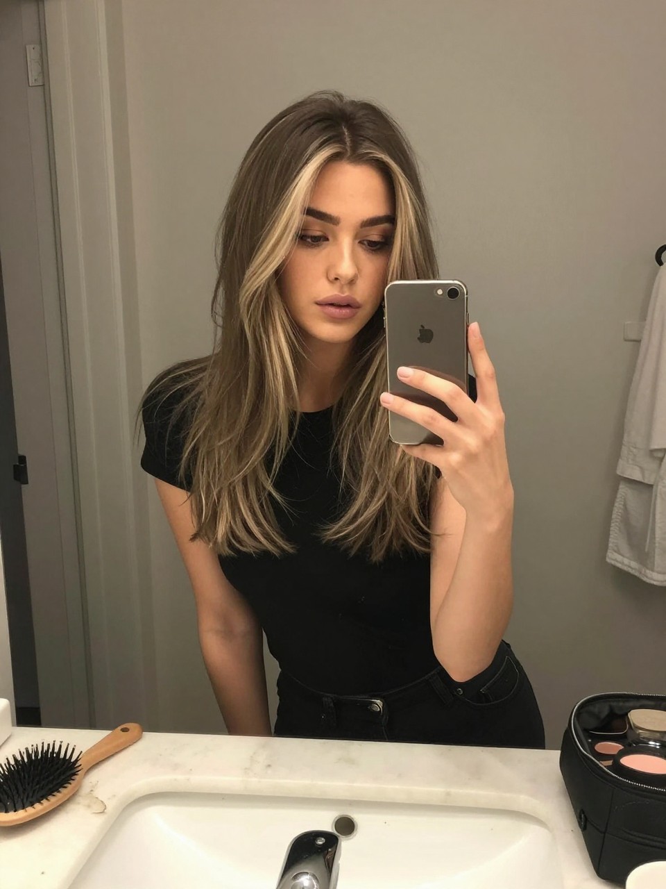 Photo of a woman wearing a sleek ash brown lob with cool blonde face-framing highlights, candid mirror selfie, at a bathroom vanity mirror, soft indoor lighting, containing a small lived-in detail such as a hairbrush on the vanity and a makeup bag nearby, latest iPhone photo quality.