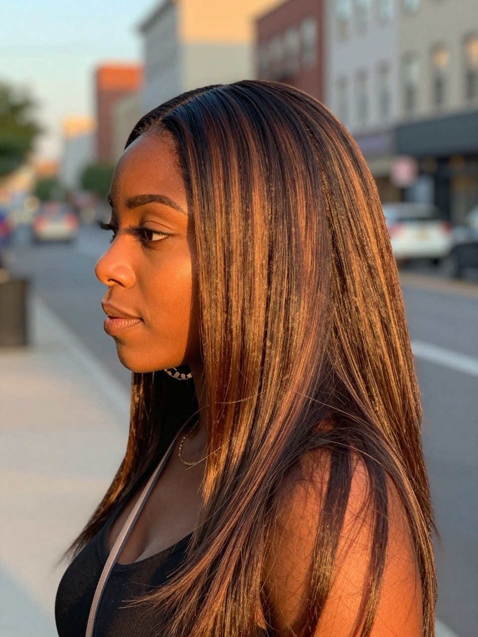 Photo of a black woman wearing long straight brown hair with subtle face-framing highlights and blended lowlights, side profile view, in a softly blurred city street background, golden hour glow, containing a small lived-in detail such as statement earrings peeking through and a crossbody strap on the shoulder, latest iPhone photo quality.