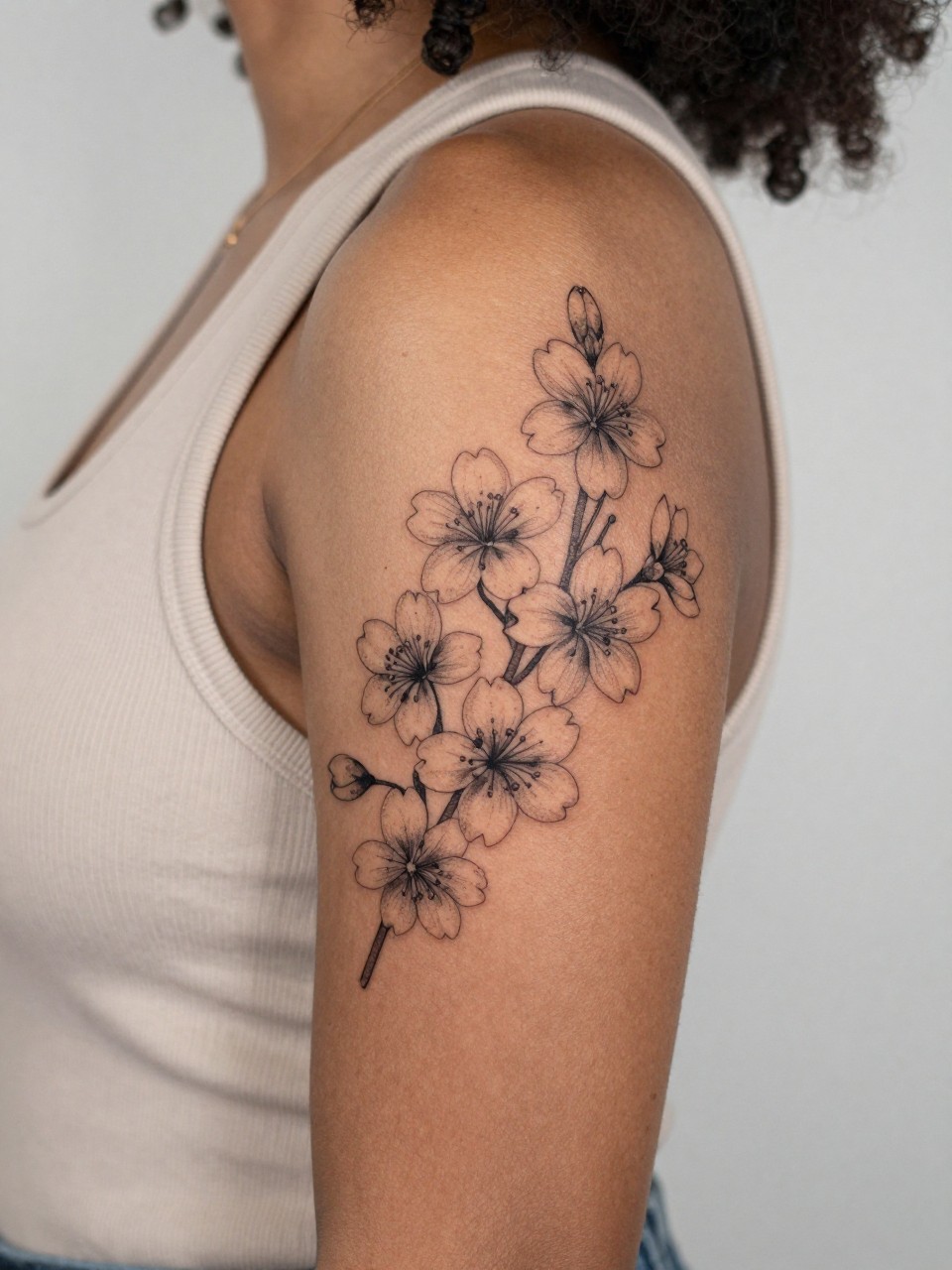Image Prompt: "Extreme close-up of a sakura flower tattoo with soft dotwork accents on the upper arm of black feminine woman, black ink fine line floral design, tiny blossom petals, subtle dotwork detail, light shading, realistic skin texture, sleeveless neutral top softly visible, feminine lifestyle-inspired tattoo image, minimal clean background, tattoo is the main focus (no watermarks on images)"