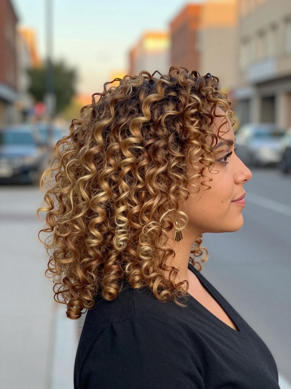 Photo of a woman wearing curly hair with golden blonde highlights and defined bouncy curls, side profile view, softly blurred city street background, golden hour glow, with statement earrings peeking through and a hair clip clipped to her collar, latest iPhone photo quality.
