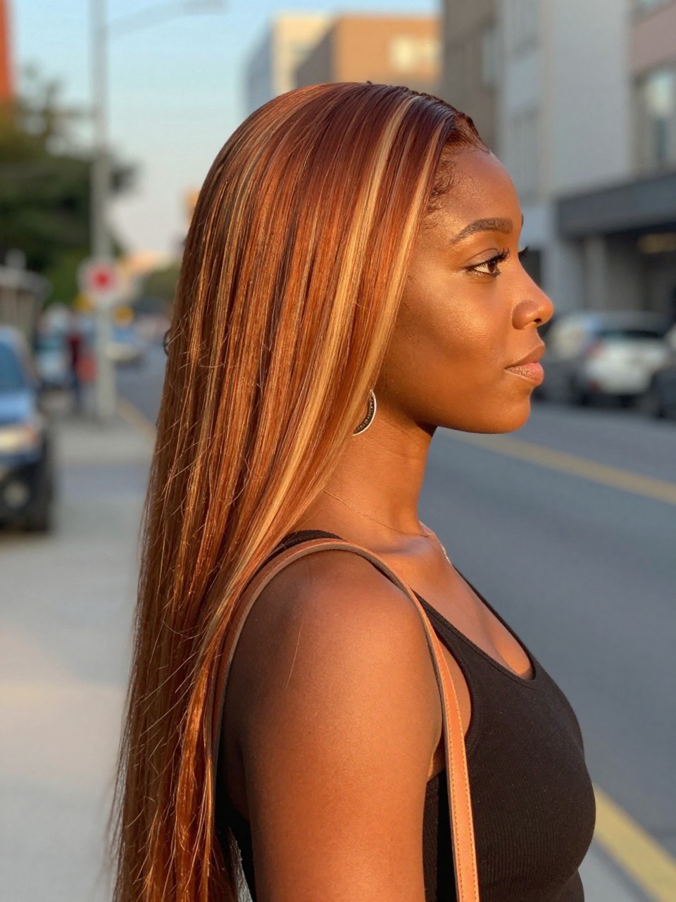 Photo of a black woman wearing long straight copper hair with blonde face-framing highlights, side profile view, in a softly blurred city street background, golden hour glow, containing a small lived-in detail such as statement earrings peeking through and a crossbody strap on the shoulder, latest iPhone photo quality.