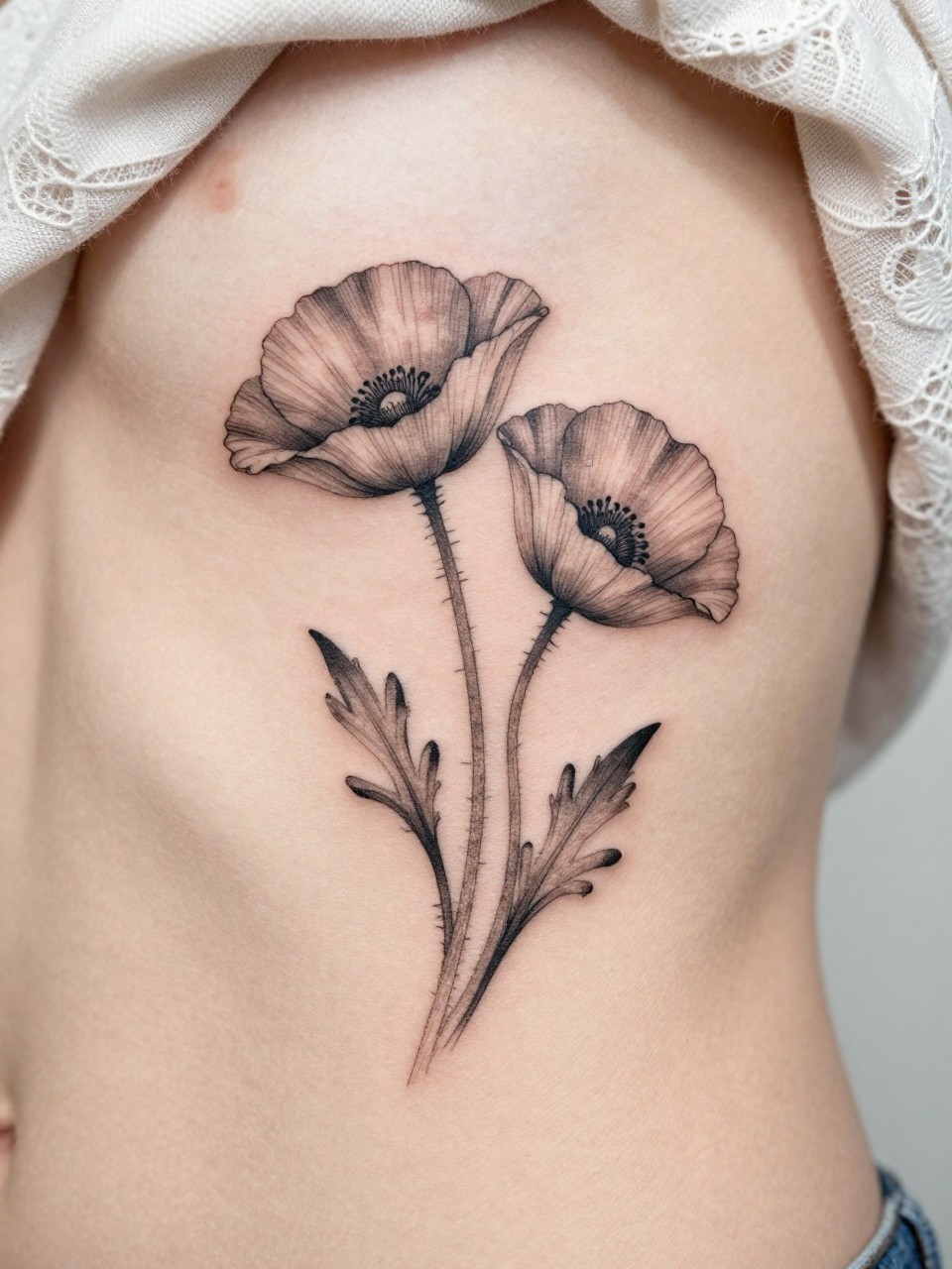 Image Prompt: "Extreme close-up of a double poppy stem tattoo on the ribcage, black ink fine line floral design with two open blooms, curved stems, soft grey shading, realistic skin texture, lace fabric edge softly visible, design-first composition, minimal background, feminine modern tattoo photo, tattoo dominates the frame (no watermarks on images)"
