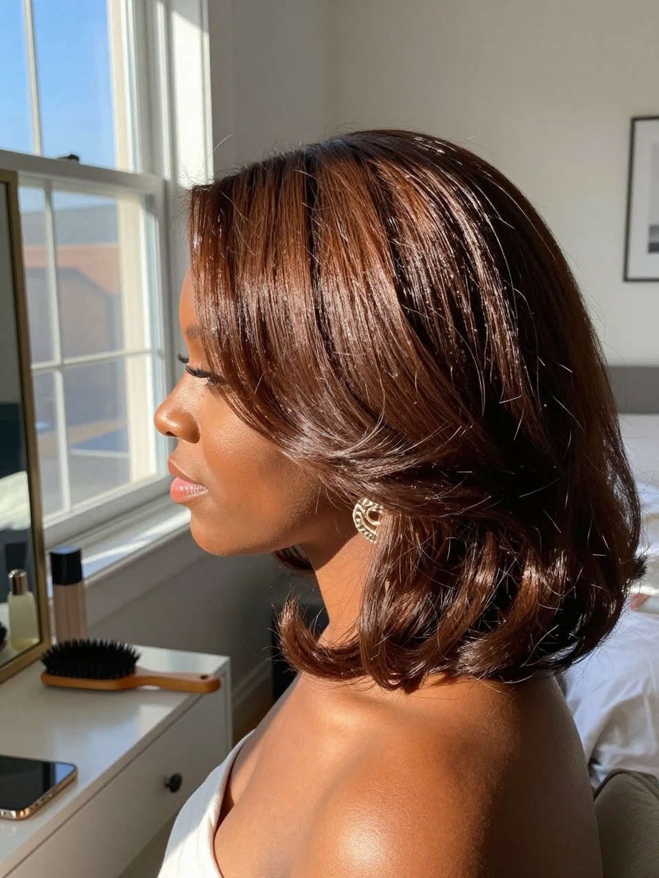 Photo of a black woman wearing chocolate cherry brown hair in a smooth voluminous blowout, side profile view, sun-drenched bedroom setting, natural window light, with a round brush on the vanity and statement earrings peeking through, latest iPhone photo quality.