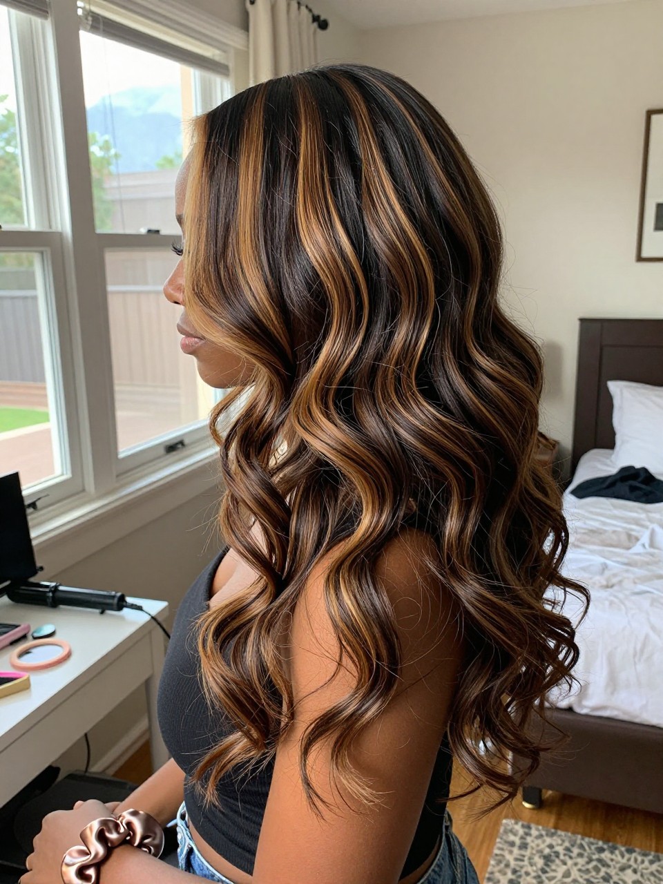 Photo of a black woman wearing soft dark waves with honey highlight ribbons woven through the lengths, side profile view, in a sun-drenched bedroom, natural window light, containing a small lived-in detail such as a curling iron on the counter and a silk scrunchie on the wrist, latest iPhone photo quality.